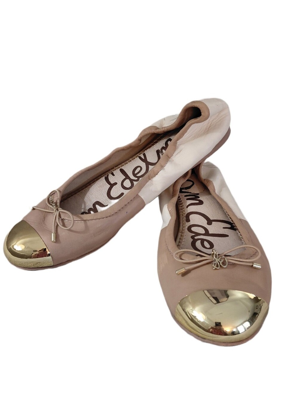 Sam Edelman Fairleigh 6.5 Nude Tan And Cream Ballet Flats with Gold Cap Toe